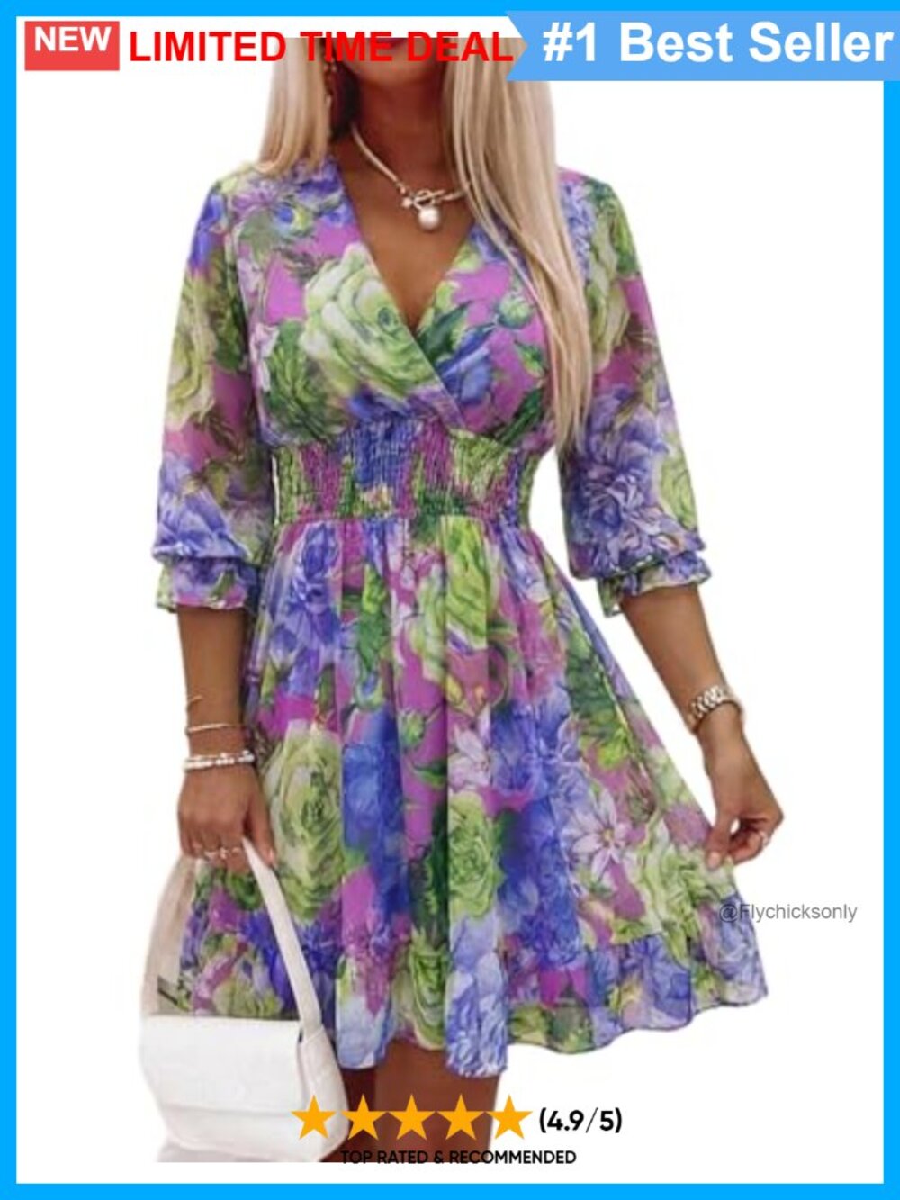 Floral Wrap Dress V-Neck High Waist 3/4 Sleeve Layered Summer Casual